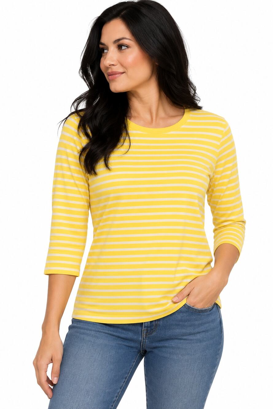 Jones New York Sport Womens Large Yellow White Stripe 3 4 Sleeve Top